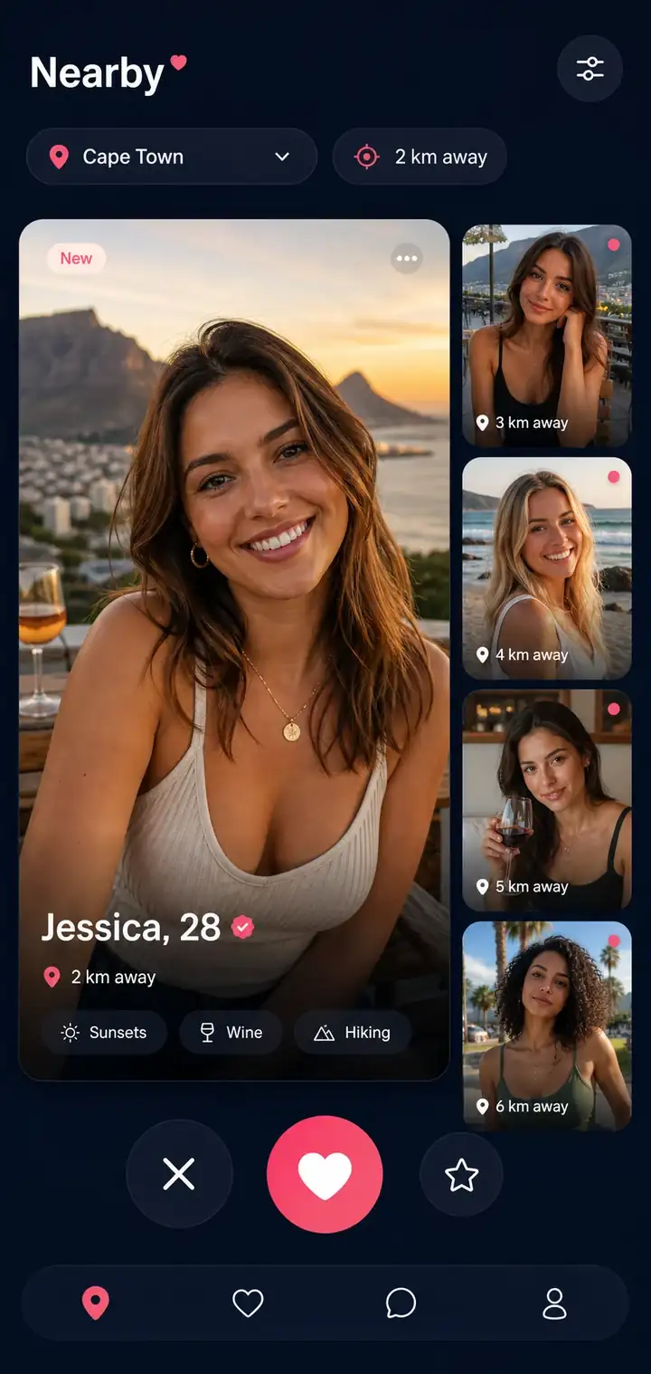 Nearby matches mobile app interface showing fictional profiles in Cape Town