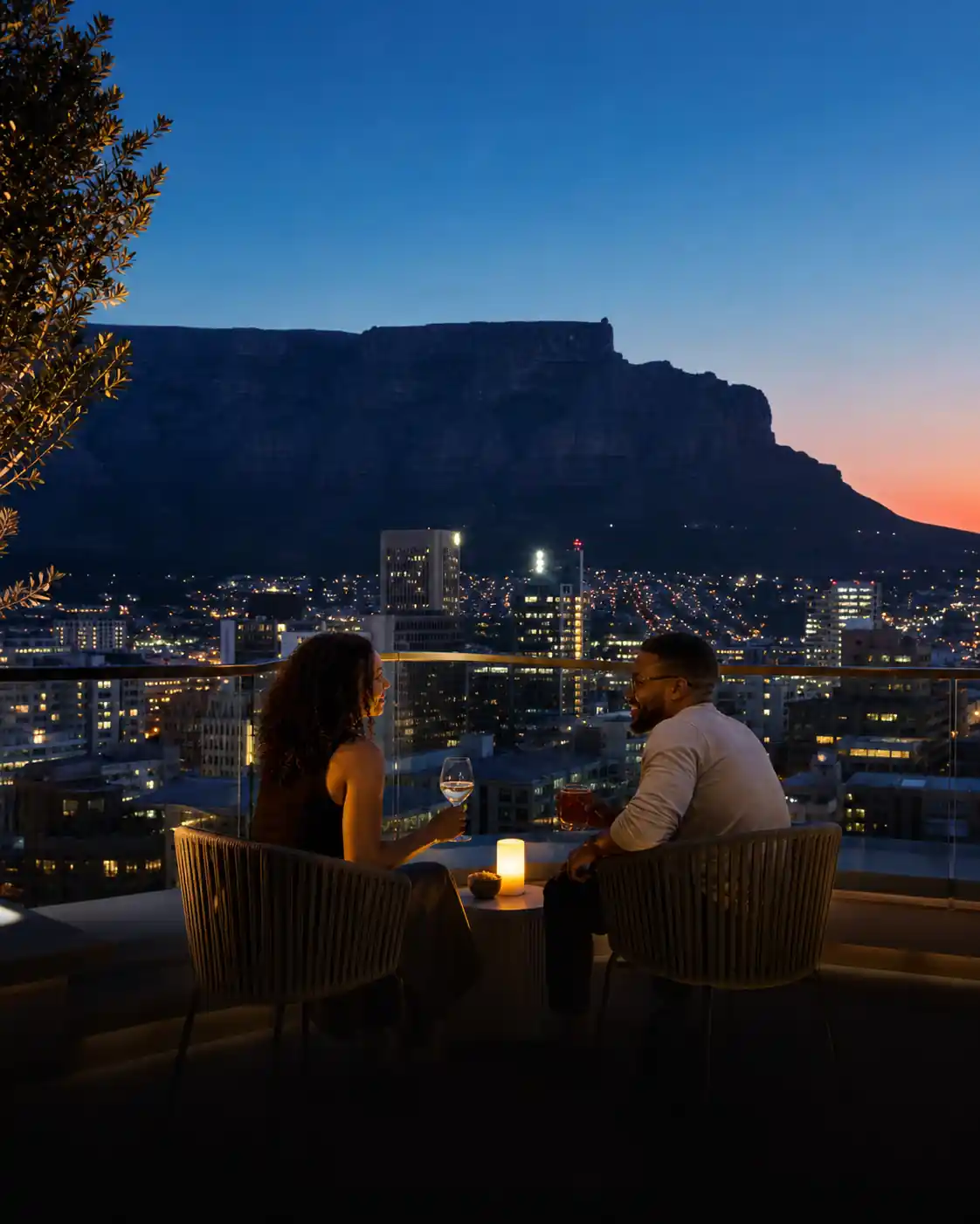 Table Mountain and Cape Town cityscape at blue hour