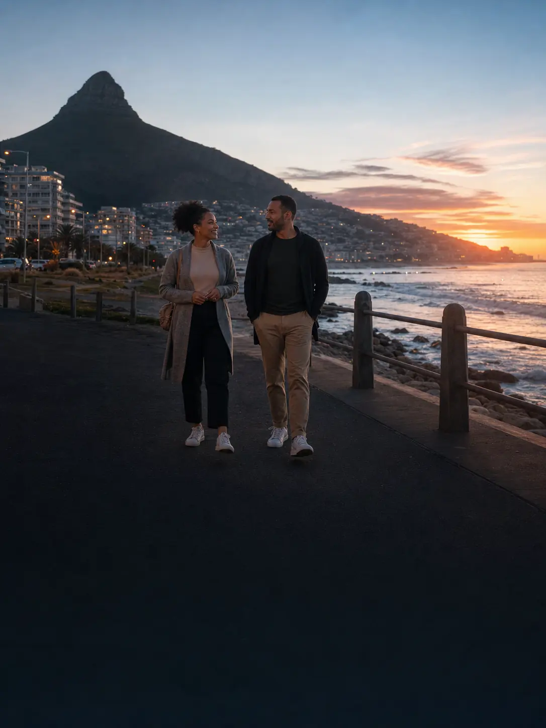 Couple walking along the Cape Town coast at sunset