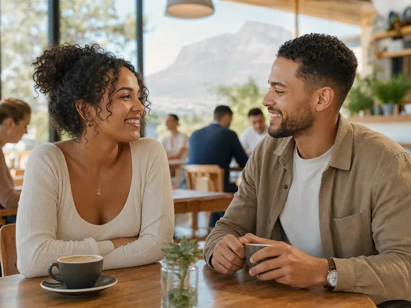 Fictional adults having a balanced conversation at a public café