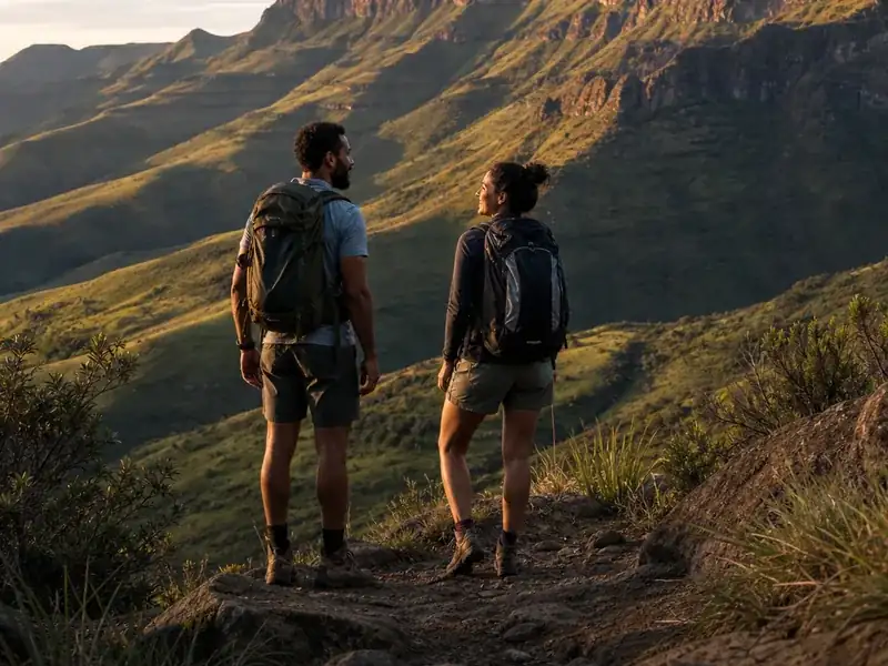 Fictional adult couple hiking on a South African mountain trail