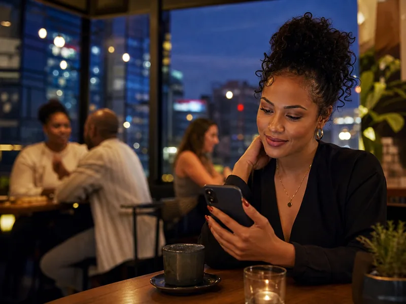 Fictional adult browsing local matches at a Johannesburg evening caf茅