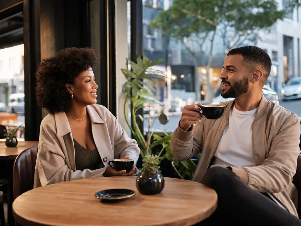 Two South African adults having a relaxed conversation over coffee